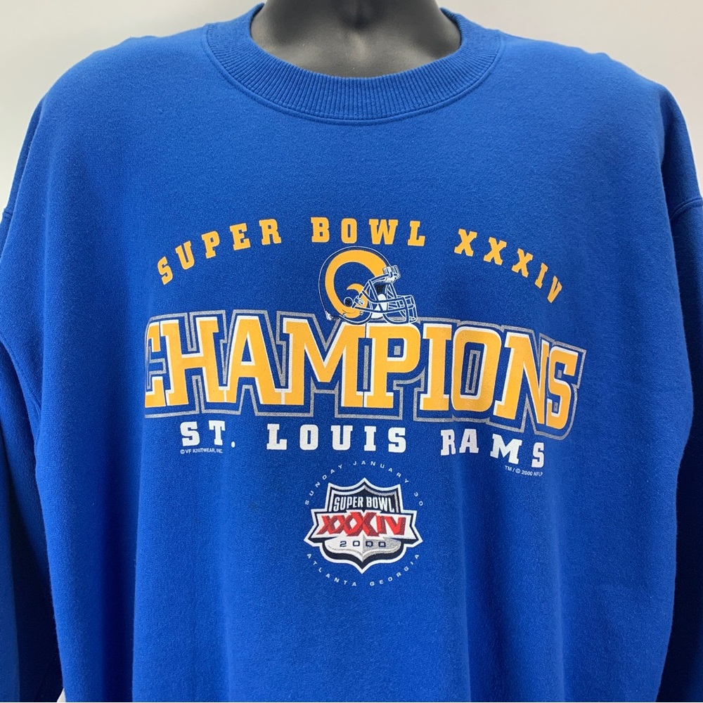 St Louis Rams Mens Size XL VTG 2000 Superbowl 34 NFL Blue Crewneck Sweater